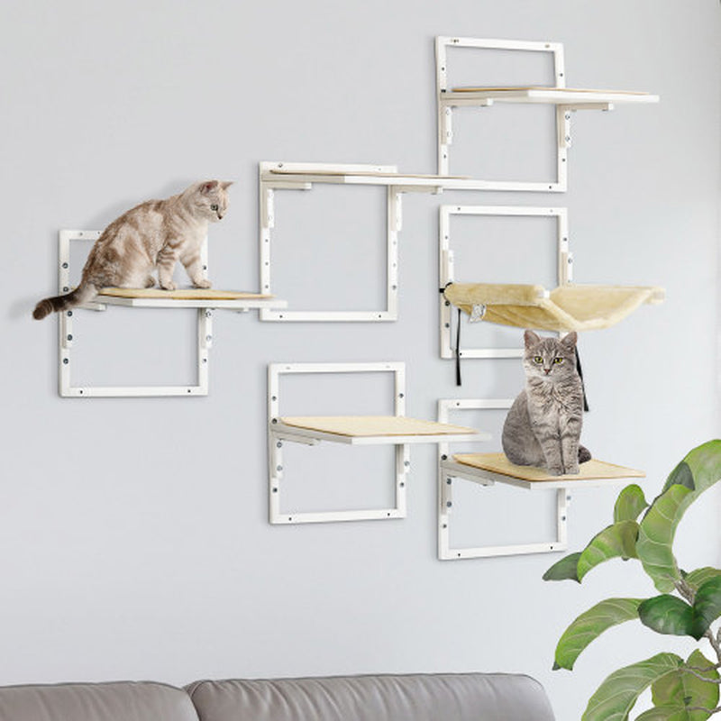 Pawhut 6-Pc Modern Cat Wall Shelves for Indoor Cats, Height Adjustable Jumping Platforms