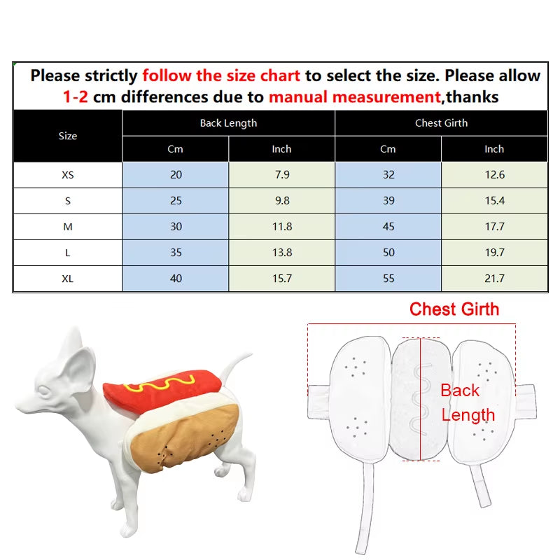 Halloween Dog Clothes Funny Hot Dog Shaped Pet Costume for Small Dogs Cats Adjustable Puppy Dress up Dachshund Pug Party Suit
