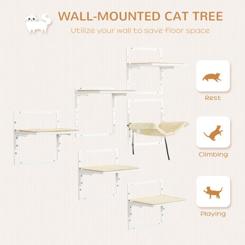Pawhut 6-Pc Modern Cat Wall Shelves for Indoor Cats, Height Adjustable Jumping Platforms