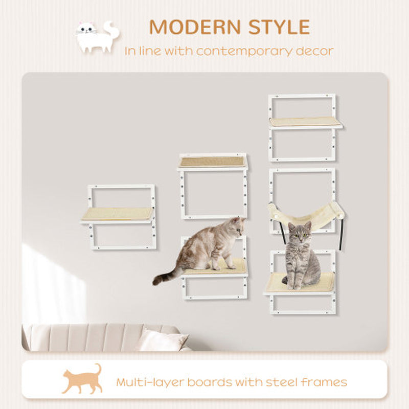 Pawhut 6-Pc Modern Cat Wall Shelves for Indoor Cats, Height Adjustable Jumping Platforms